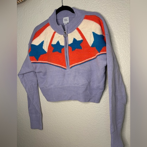 UO BDG Jesse Half-Zip Sweater Small Lavendar Stars Cropped Boxy - Picture 2 of 7